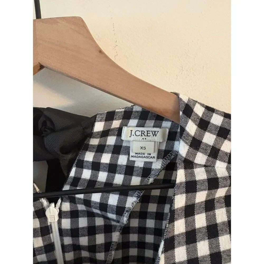 J. Crew Gingham Plaid Ruffle Dress XS Black White Tie Back Long Sleeve Twee